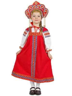 Русский народный костюм детский "Забава" льняной красный сарафан 7-12 лет
