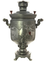 Самовар на дровах 7 литров цилиндр с гравюрой "Лоси" (матовый никель)