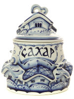 Банка для сахара "Деревенька" Гжель