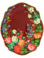 Поднос с художественной росписью "Летние цветы на красном фоне", малый овальный глубокий, арт. 8155