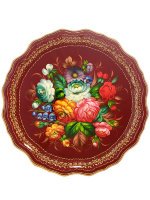 Поднос с художественной росписью "Цветы на бордовом фоне", круглый, арт. 9286
