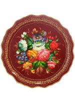 Поднос с художественной росписью "Цветы на бордовом фоне", круглый, арт. 9286