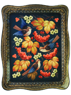 Поднос с росписью "Калина с птицами на синем" 50*40 см, арт. А-2.38